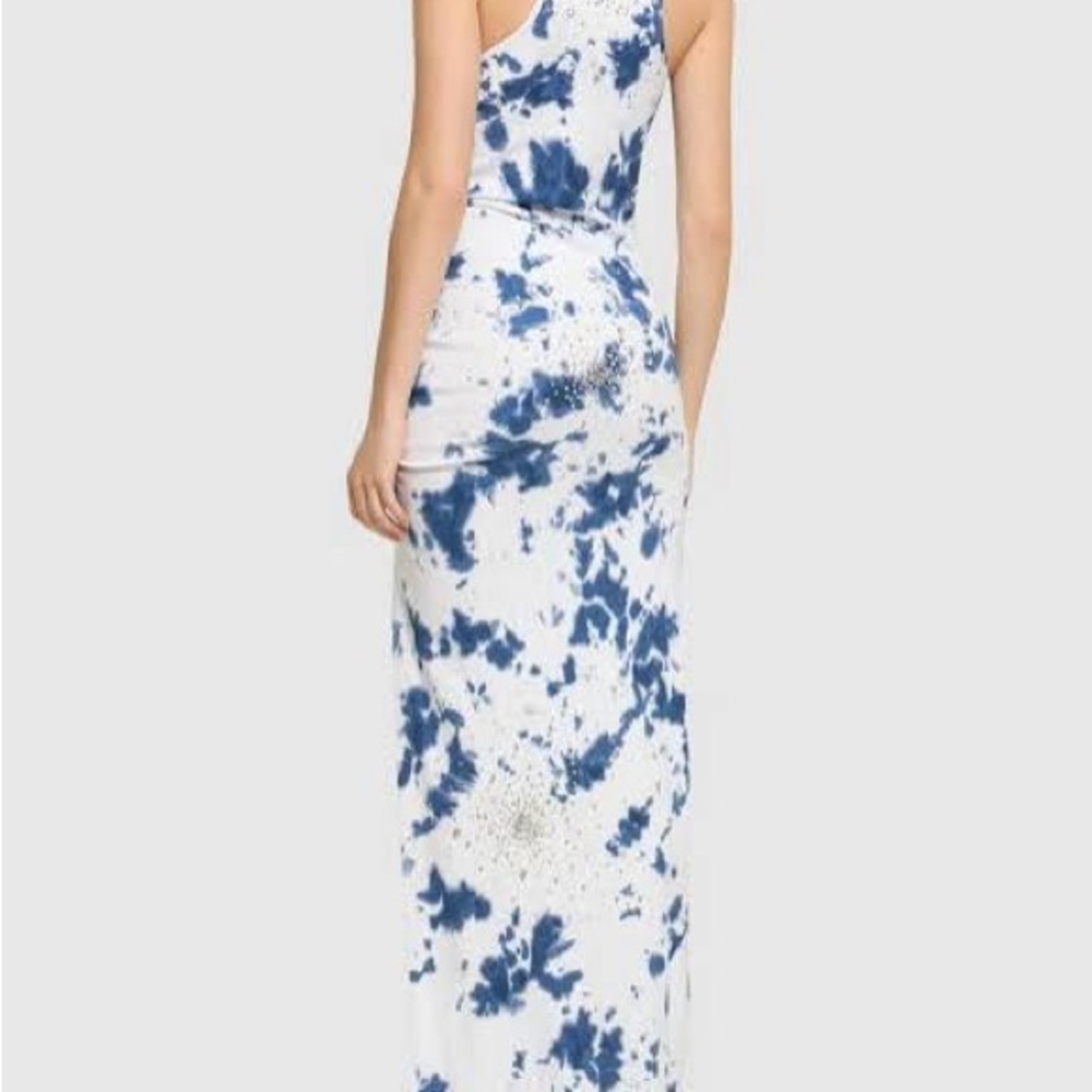 Des Phemmes Blue White Tie-Dye ruched maxi dress rhinestone encrusted